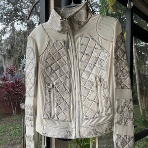 Blanc Noir Ivory Snake Print Leather Quilted Mesh Moto Jacket Sz large